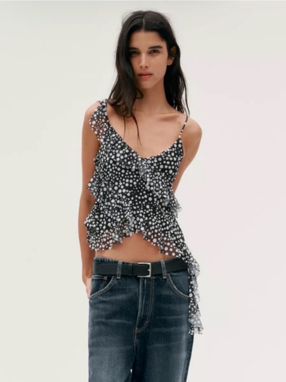 Zara Black & White Polka Dot Ruffle Cami